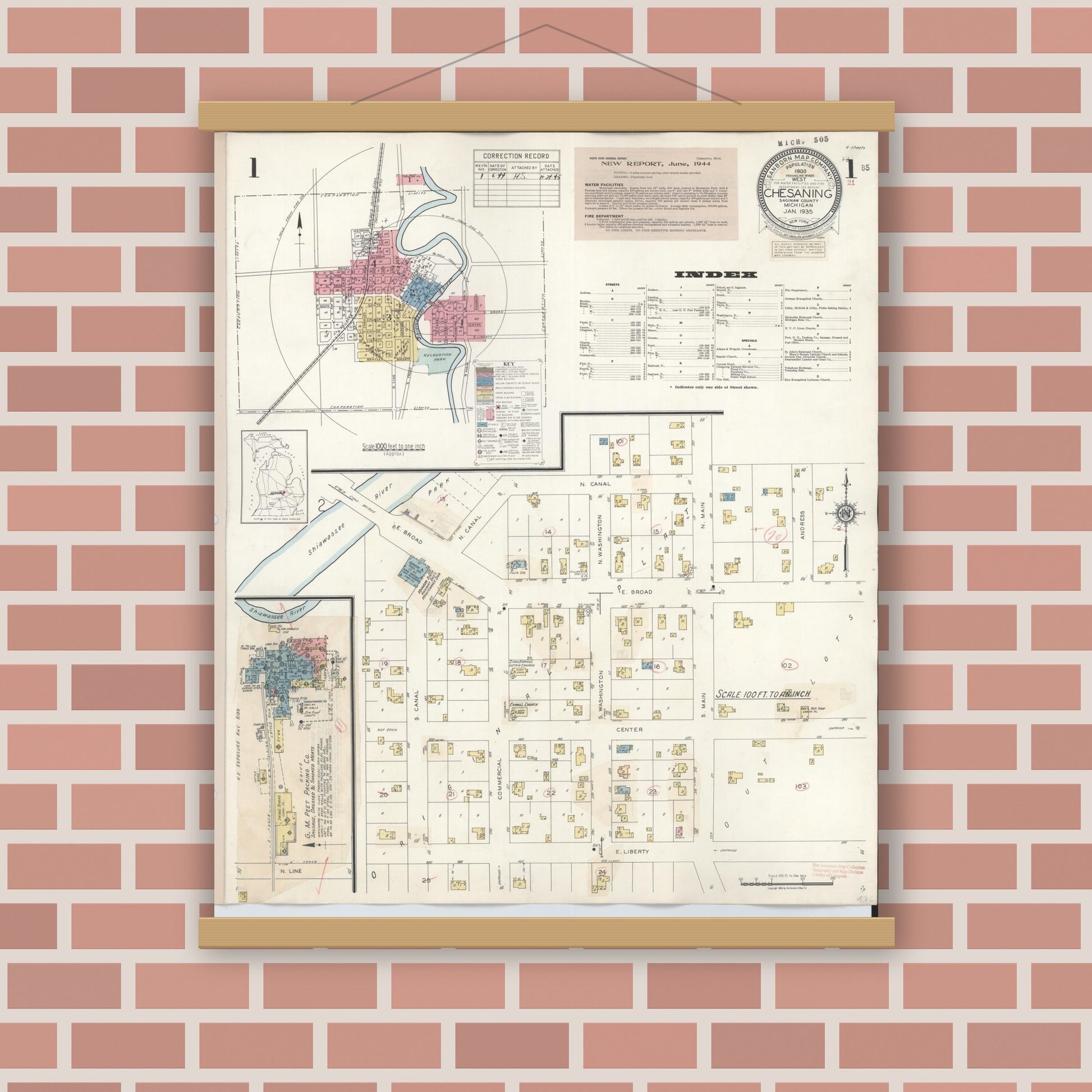Old map wall art mockup — magnetic wood frame on brick wall — Sanborn Fire Insurance Map from Chesaning, Saginaw County, Michigan (1944) - Complete Map Set