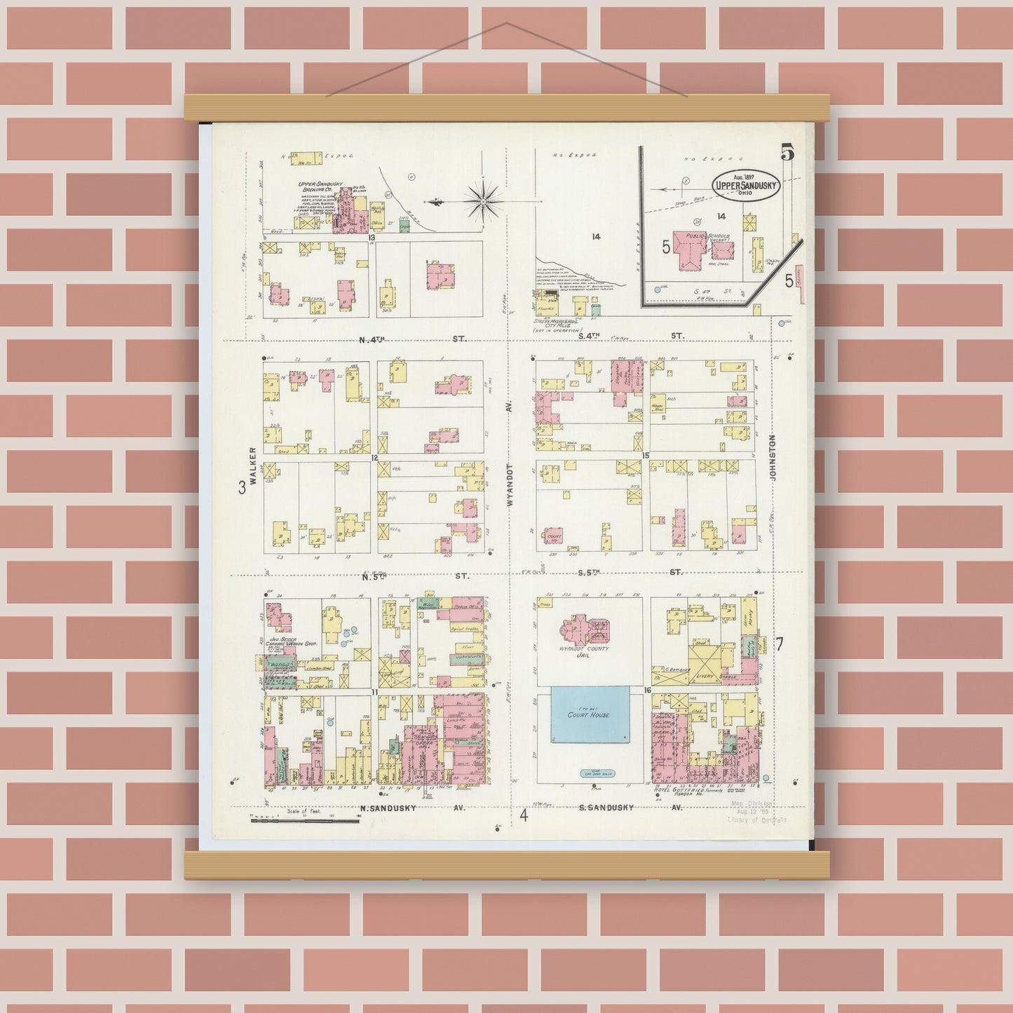 Old map wall art mockup — magnetic wood frame on brick wall — Sanborn Fire Insurance Map from Upper Sandusky, Wyandot County, Ohio (1897), Sheet #0005