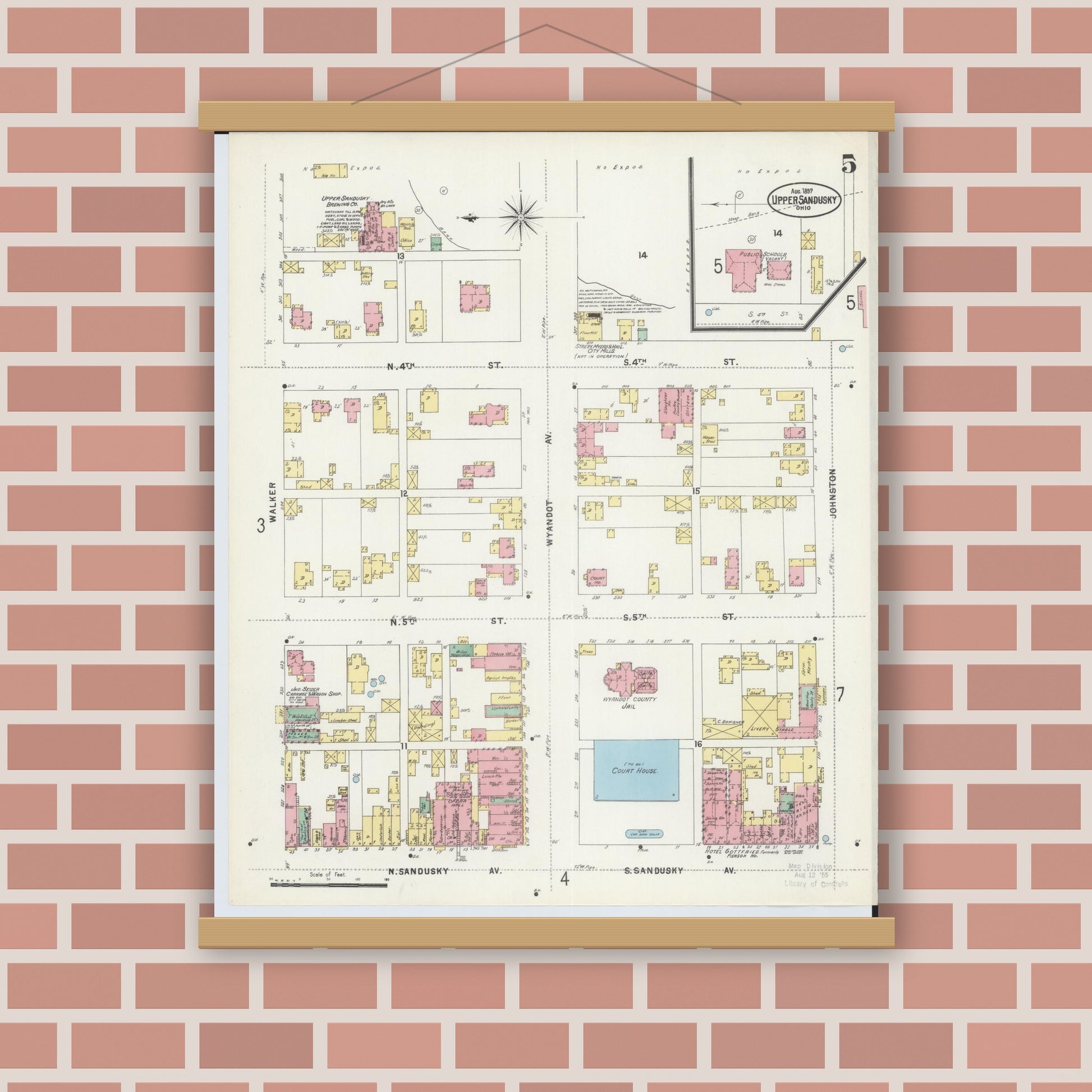 Old map wall art mockup — magnetic wood frame on brick wall — Sanborn Fire Insurance Map from Upper Sandusky, Wyandot County, Ohio (1897), Sheet #0005