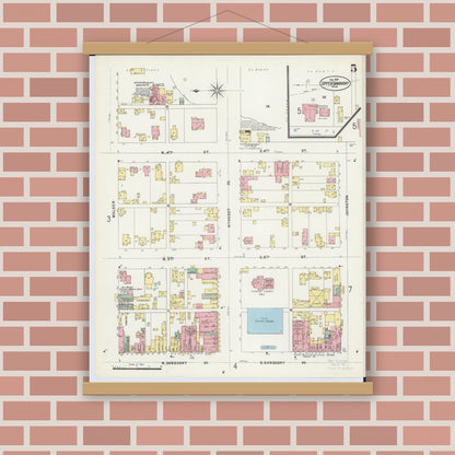 Old map wall art mockup — magnetic wood frame on brick wall — Sanborn Fire Insurance Map from Upper Sandusky, Wyandot County, Ohio (1897), Sheet #0005