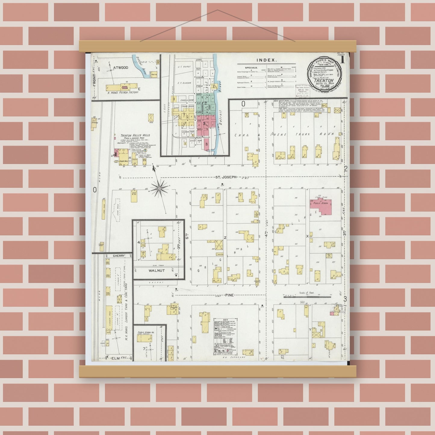 Old map wall art mockup — magnetic wood frame on brick wall — Sanborn Fire Insurance Map from Trenton, Wayne County, Michigan (1900), Sheet #0001
