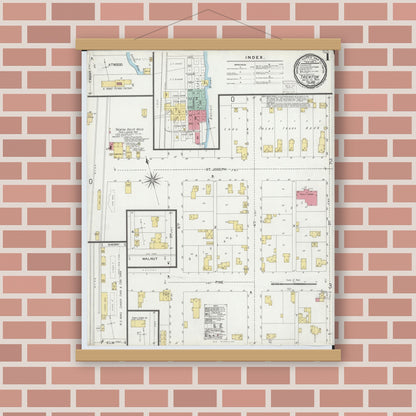 Old map wall art mockup — magnetic wood frame on brick wall — Sanborn Fire Insurance Map from Trenton, Wayne County, Michigan (1900), Sheet #0001