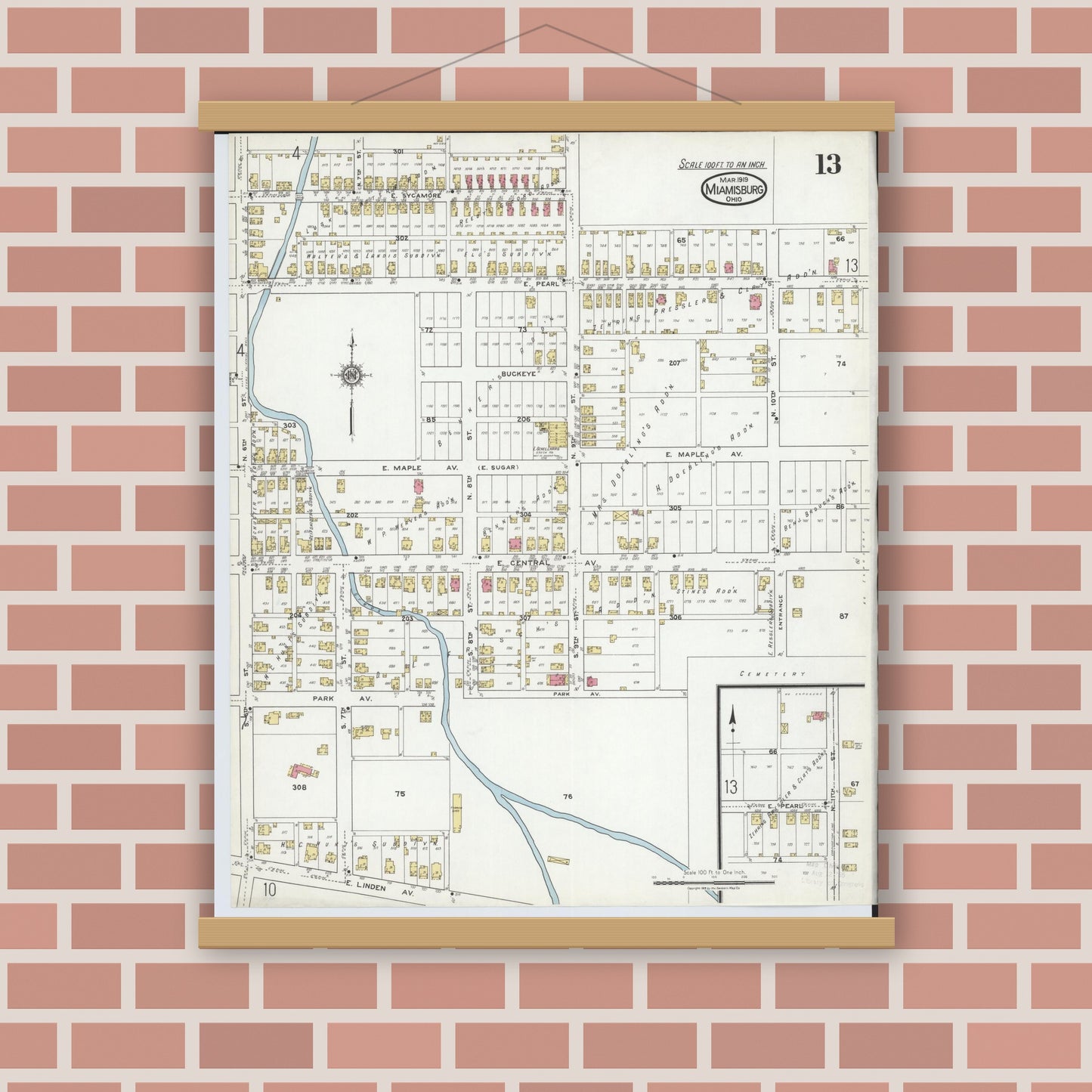 Old map wall art mockup — magnetic wood frame on brick wall — Sanborn Fire Insurance Map from Miamisburg, Montgomery County, Ohio (1919), Sheet #0013