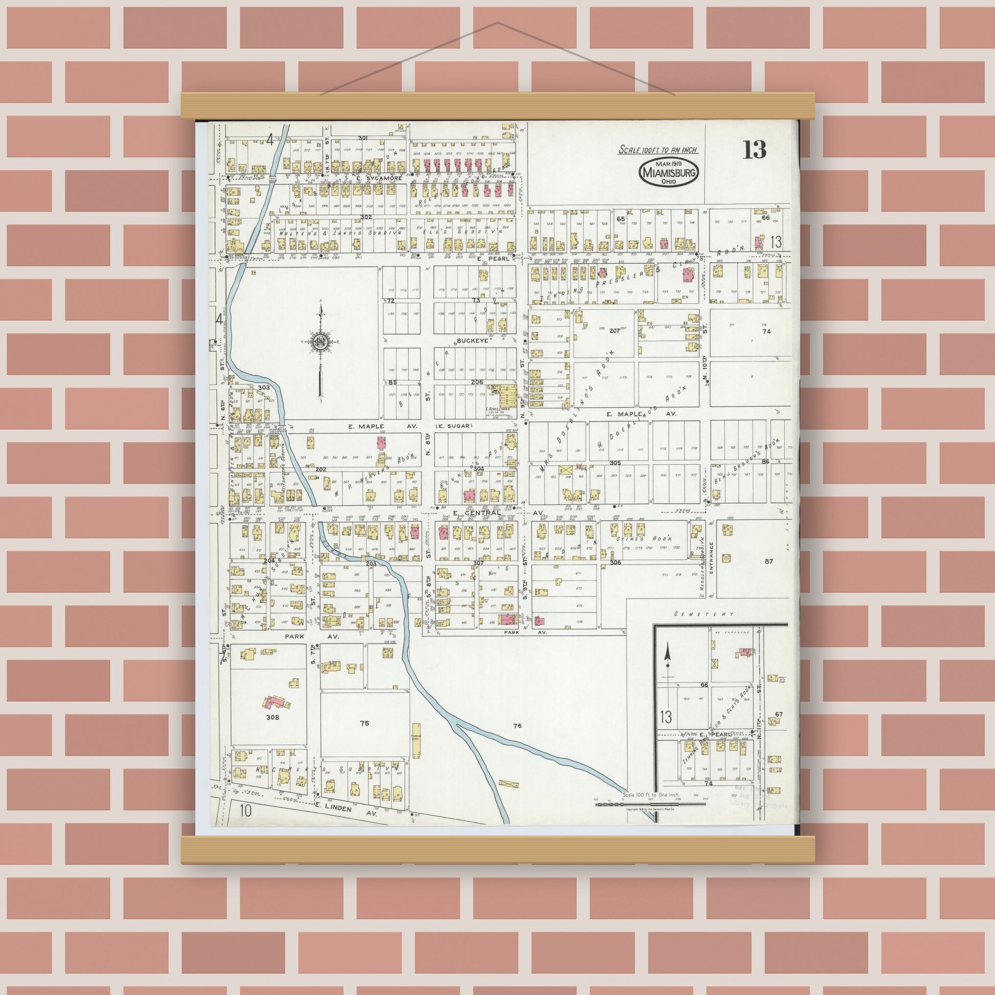Old map wall art mockup — magnetic wood frame on brick wall — Sanborn Fire Insurance Map from Miamisburg, Montgomery County, Ohio (1919), Sheet #0013