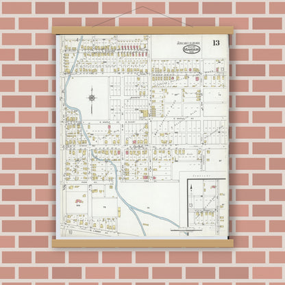 Old map wall art mockup — magnetic wood frame on brick wall — Sanborn Fire Insurance Map from Miamisburg, Montgomery County, Ohio (1919), Sheet #0013