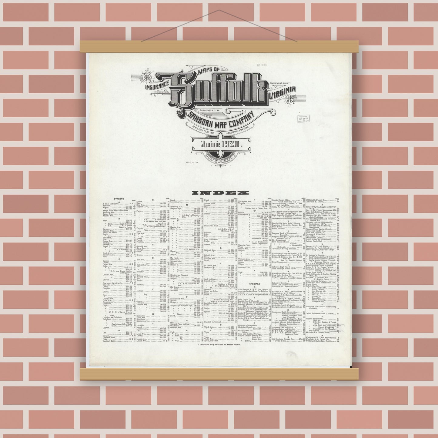 Old map wall art mockup — magnetic wood frame on brick wall — Sanborn Fire Insurance Map from Suffolk, Independent Cities, Virginia (1921), Sheet #0001