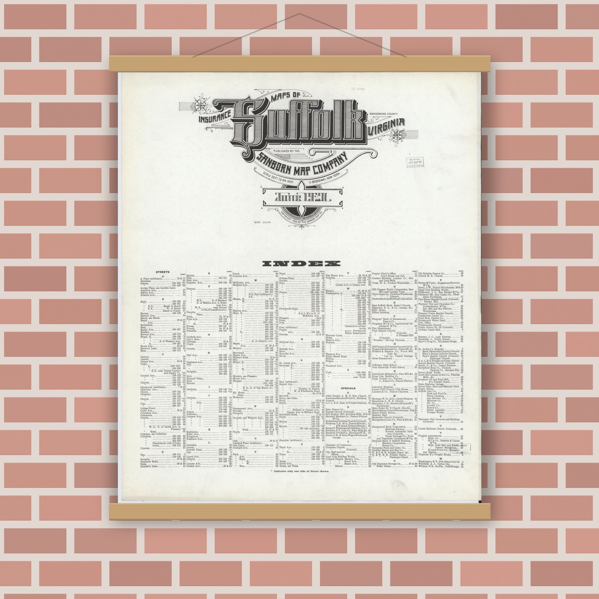 Old map wall art mockup — magnetic wood frame on brick wall — Sanborn Fire Insurance Map from Suffolk, Independent Cities, Virginia (1921), Sheet #0001