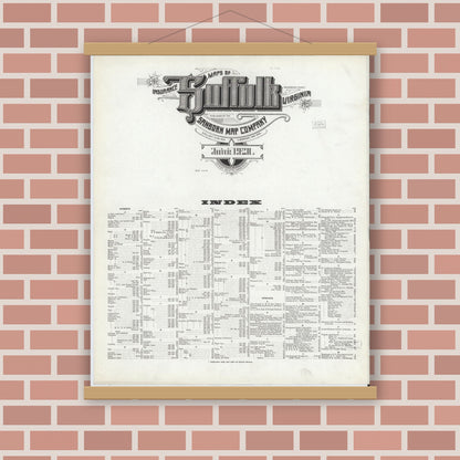 Old map wall art mockup — magnetic wood frame on brick wall — Sanborn Fire Insurance Map from Suffolk, Independent Cities, Virginia (1921), Sheet #0001