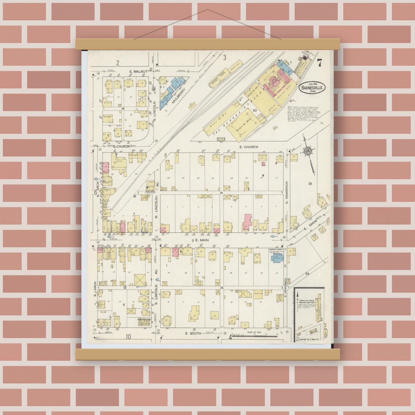 Old map wall art mockup — magnetic wood frame on brick wall — Sanborn Fire Insurance Map from Barnesville, Belmont County, Ohio (1915), Sheet #0007