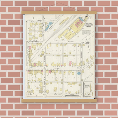 Old map wall art mockup — magnetic wood frame on brick wall — Sanborn Fire Insurance Map from Barnesville, Belmont County, Ohio (1915), Sheet #0007