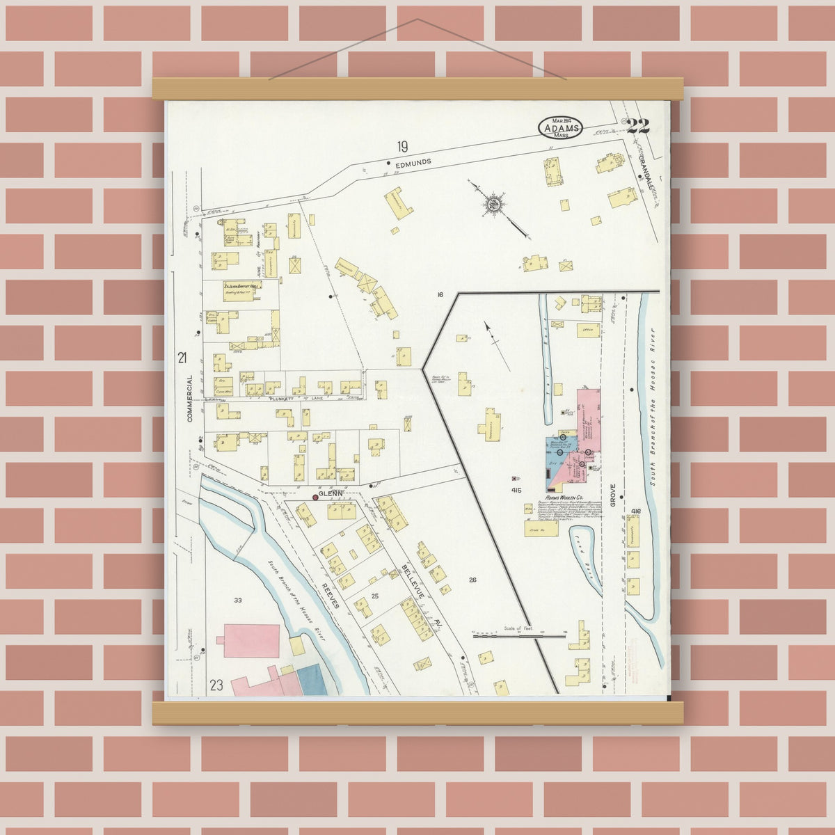 Old map wall art mockup — magnetic wood frame on brick wall — Sanborn Fire Insurance Map from Adams, Berkshire County, Massachusetts (1914), Sheet #0022