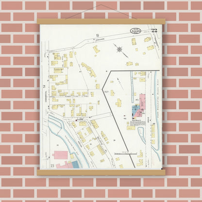 Old map wall art mockup — magnetic wood frame on brick wall — Sanborn Fire Insurance Map from Adams, Berkshire County, Massachusetts (1914), Sheet #0022
