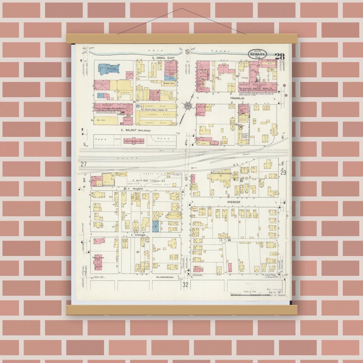Old map wall art mockup — magnetic wood frame on brick wall — Sanborn Fire Insurance Map from Newark, Licking County, Ohio (1912), Sheet #0028