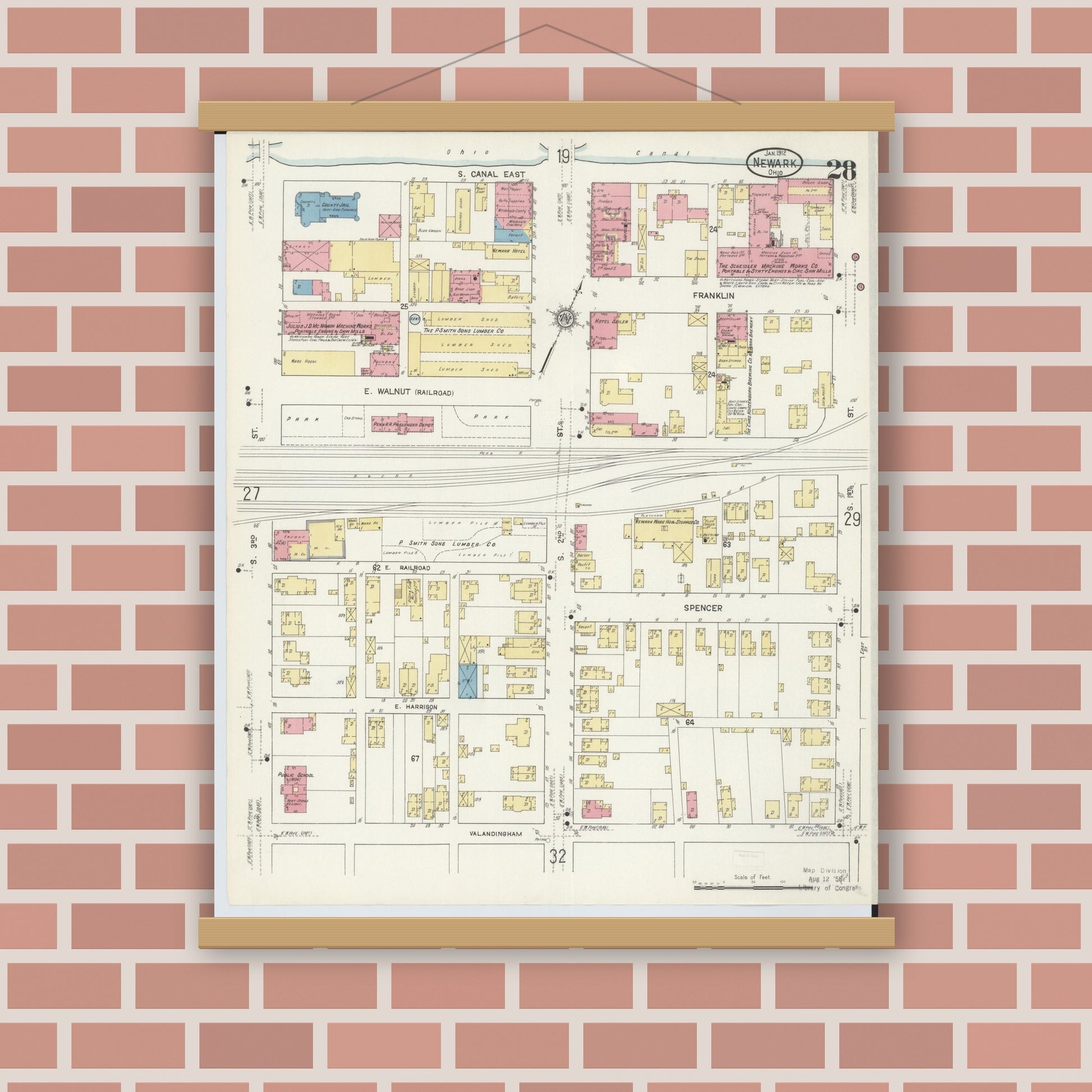 Old map wall art mockup — magnetic wood frame on brick wall — Sanborn Fire Insurance Map from Newark, Licking County, Ohio (1912), Sheet #0028