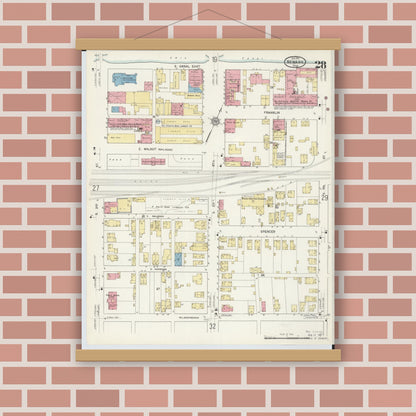 Old map wall art mockup — magnetic wood frame on brick wall — Sanborn Fire Insurance Map from Newark, Licking County, Ohio (1912), Sheet #0028
