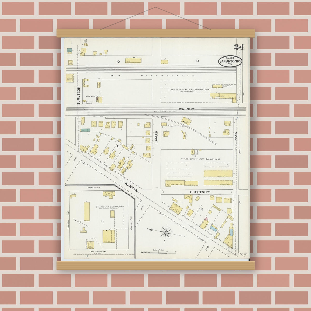 Old map wall art mockup — magnetic wood frame on brick wall — Sanborn Fire Insurance Map from San Antonio, Bexar County, Texas (1892), Sheet #0024