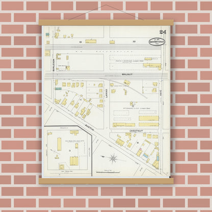Old map wall art mockup — magnetic wood frame on brick wall — Sanborn Fire Insurance Map from San Antonio, Bexar County, Texas (1892), Sheet #0024