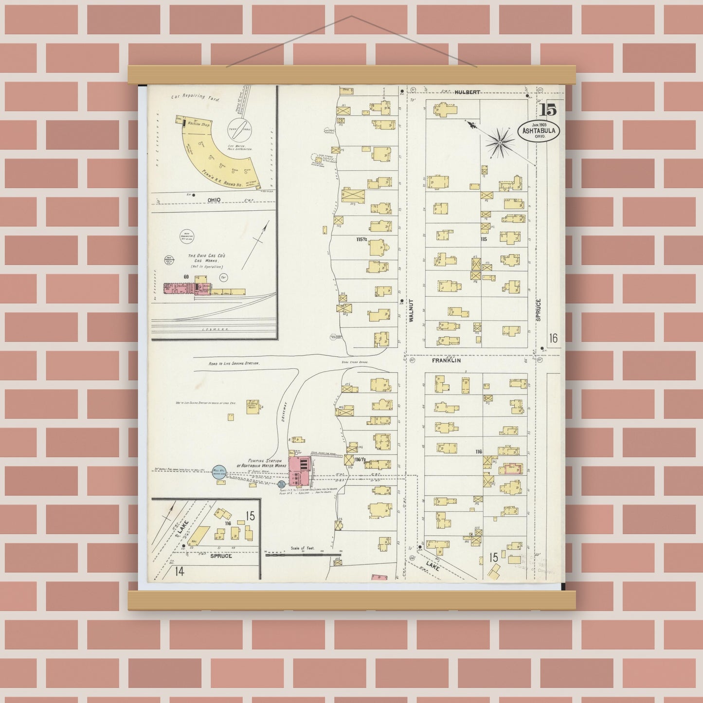 Old map wall art mockup — magnetic wood frame on brick wall — Sanborn Fire Insurance Map from Ashtabula, Ashtabula County, Ohio (1903), Sheet #0015