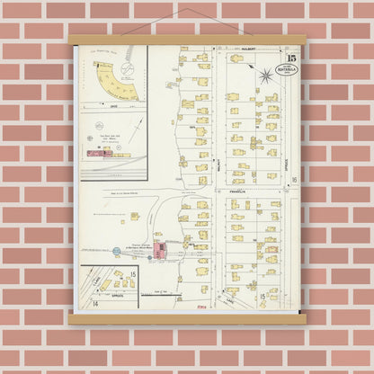 Old map wall art mockup — magnetic wood frame on brick wall — Sanborn Fire Insurance Map from Ashtabula, Ashtabula County, Ohio (1903), Sheet #0015