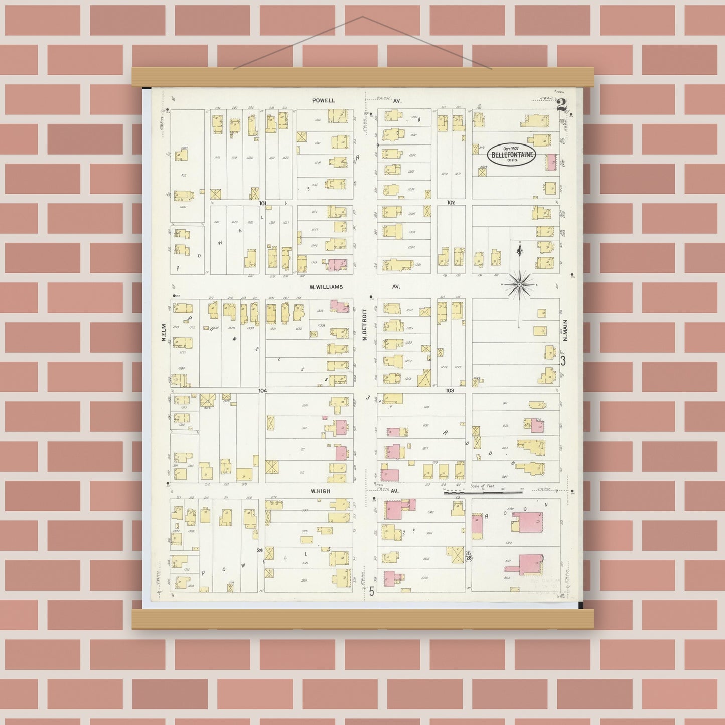 Old map wall art mockup — magnetic wood frame on brick wall — Sanborn Fire Insurance Map from Bellefontaine, Logan County, Ohio (1907), Sheet #0002