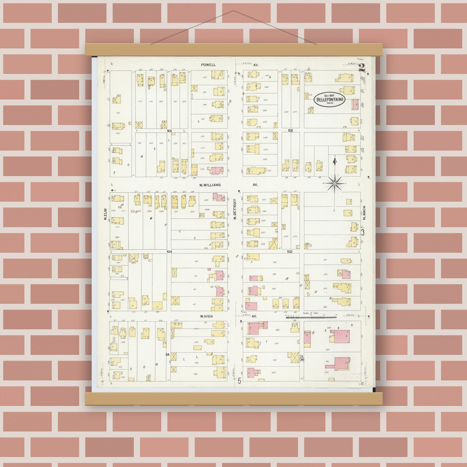 Old map wall art mockup — magnetic wood frame on brick wall — Sanborn Fire Insurance Map from Bellefontaine, Logan County, Ohio (1907), Sheet #0002
