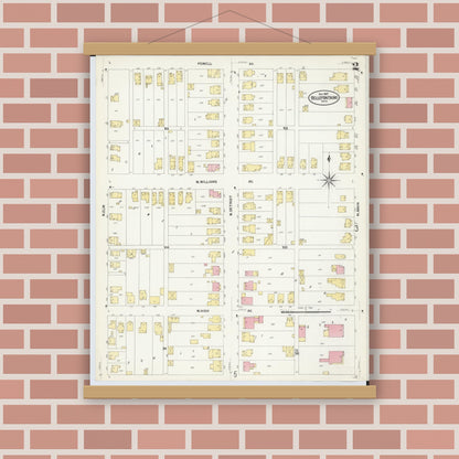 Old map wall art mockup — magnetic wood frame on brick wall — Sanborn Fire Insurance Map from Bellefontaine, Logan County, Ohio (1907), Sheet #0002