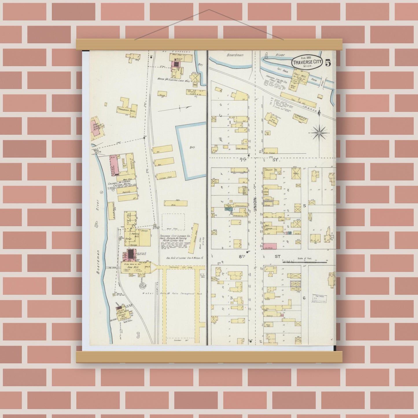 Old map wall art mockup — magnetic wood frame on brick wall — Sanborn Fire Insurance Map from Traverse City, Grand Traverse County, Michigan (1893), Sheet #0005