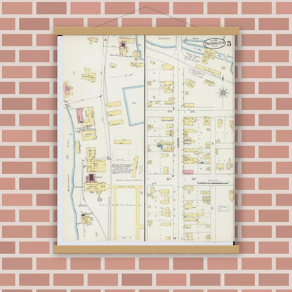 Old map wall art mockup — magnetic wood frame on brick wall — Sanborn Fire Insurance Map from Traverse City, Grand Traverse County, Michigan (1893), Sheet #0005