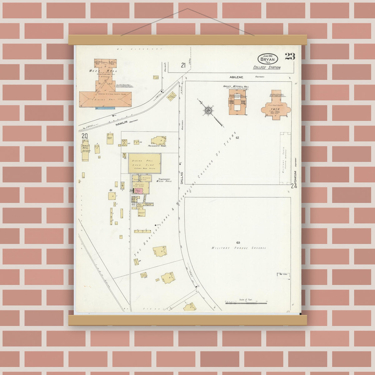 Old map wall art mockup — magnetic wood frame on brick wall — Sanborn Fire Insurance Map from Bryan, Brazos County, Texas (1912), Sheet #0023