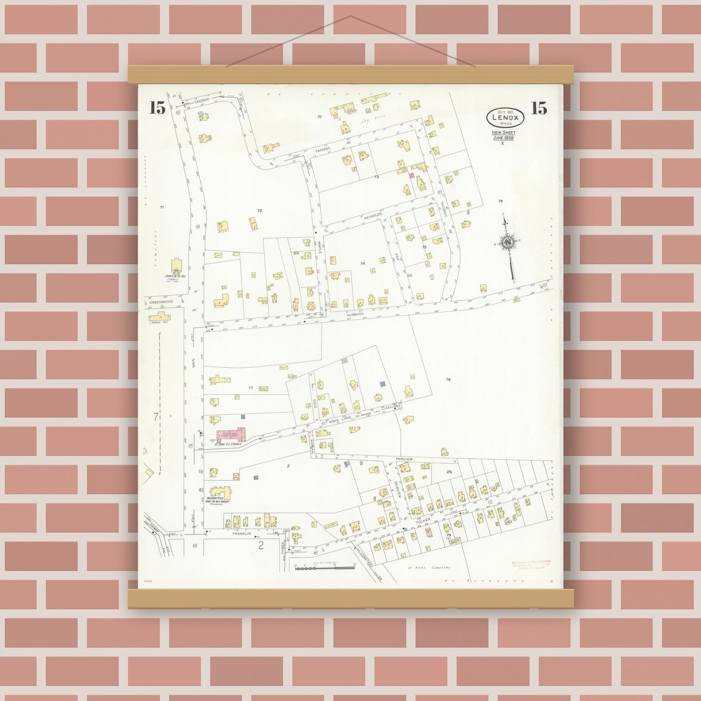 Old map wall art mockup — magnetic wood frame on brick wall — Sanborn Fire Insurance Map from Lenox, Berkshire County, Massachusetts (1939), Sheet #0015