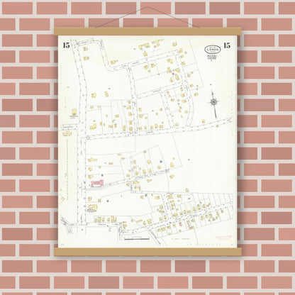 Old map wall art mockup — magnetic wood frame on brick wall — Sanborn Fire Insurance Map from Lenox, Berkshire County, Massachusetts (1939), Sheet #0015