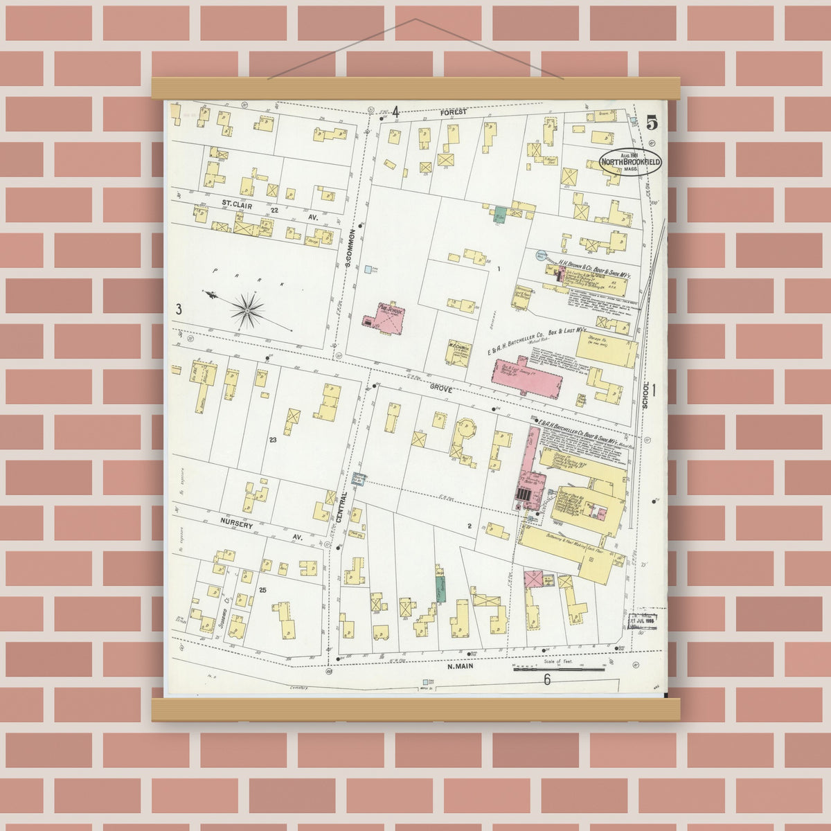 Old map wall art mockup — magnetic wood frame on brick wall — Sanborn Fire Insurance Map from North Brookfield, Worcester County, Massachusetts (1901), Sheet #0005