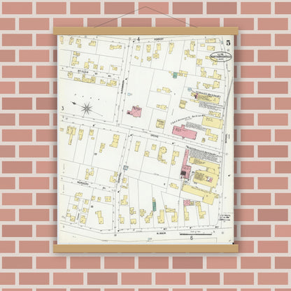 Old map wall art mockup — magnetic wood frame on brick wall — Sanborn Fire Insurance Map from North Brookfield, Worcester County, Massachusetts (1901), Sheet #0005