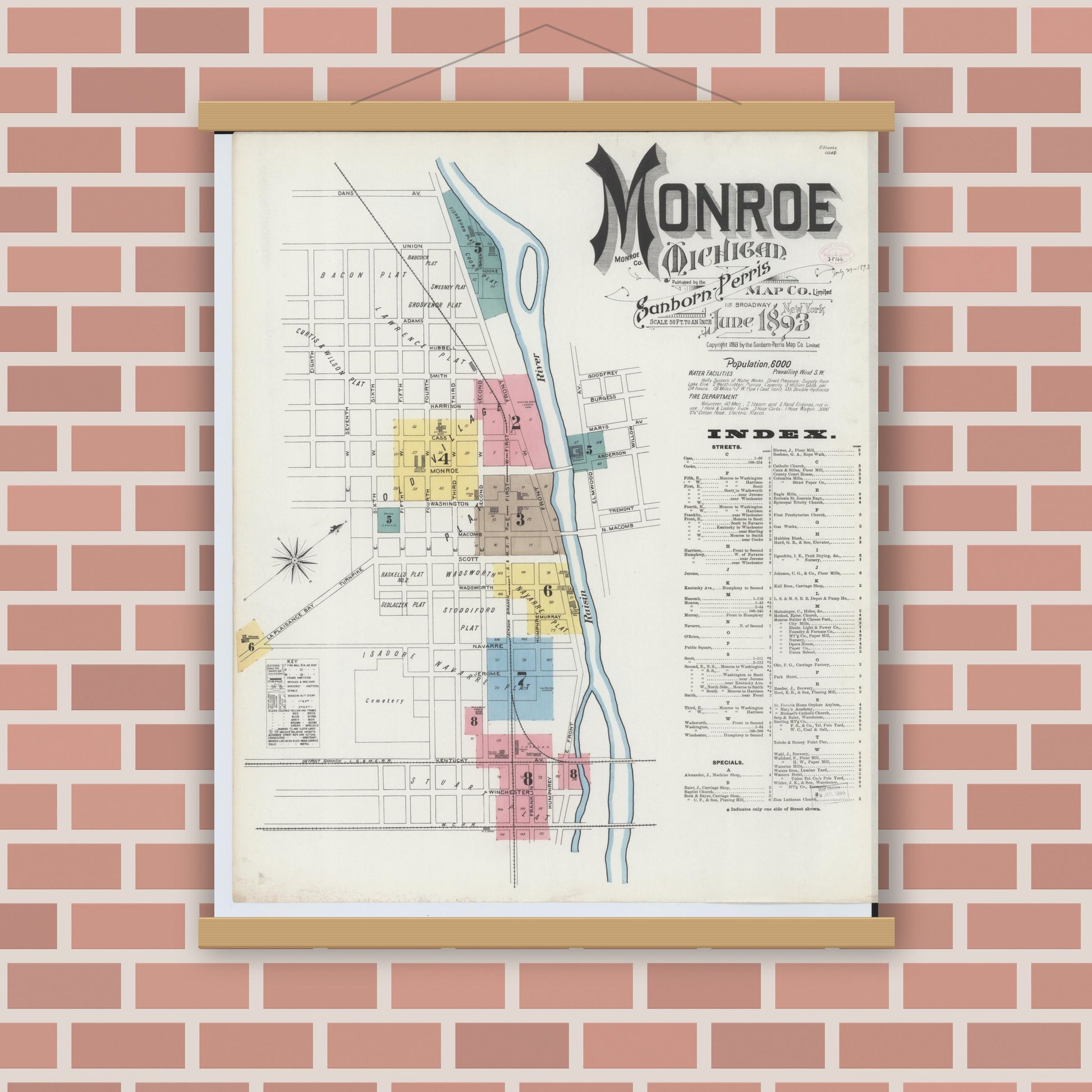 Old map wall art mockup — magnetic wood frame on brick wall — Sanborn Fire Insurance Map from Monroe, Monroe County, Michigan (1893) - Complete Map Set
