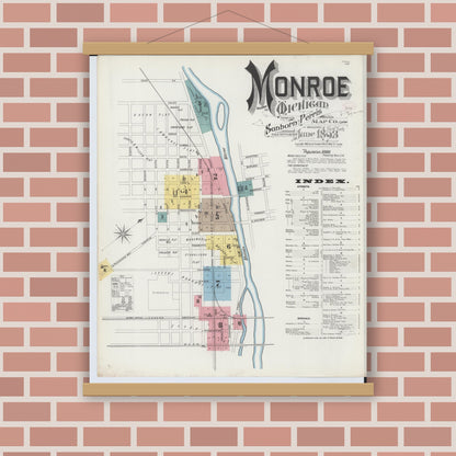 Old map wall art mockup — magnetic wood frame on brick wall — Sanborn Fire Insurance Map from Monroe, Monroe County, Michigan (1893) - Complete Map Set