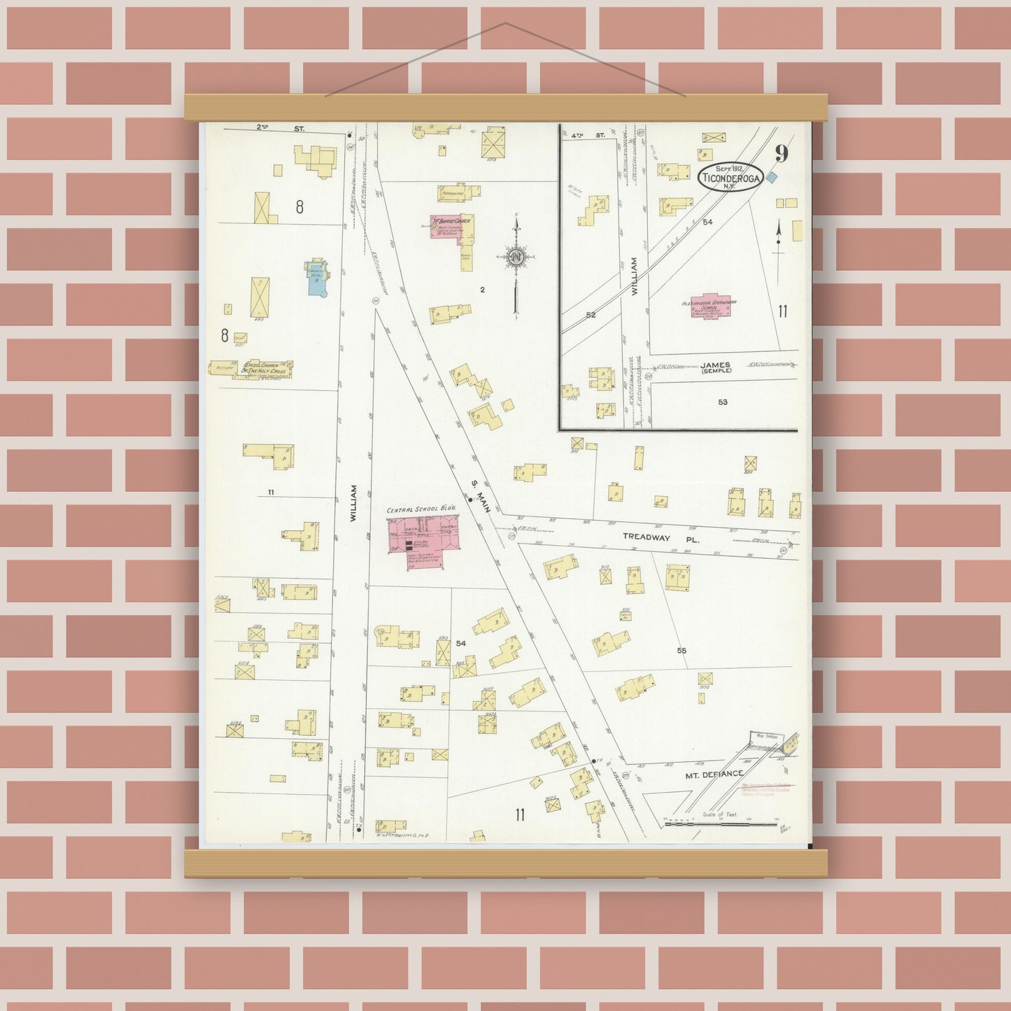 Old map wall art mockup — magnetic wood frame on brick wall — Sanborn Fire Insurance Map from Ticonderoga, Essex County, New York (1912), Sheet #0009
