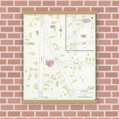 Old map wall art mockup — magnetic wood frame on brick wall — Sanborn Fire Insurance Map from Ticonderoga, Essex County, New York (1912), Sheet #0009