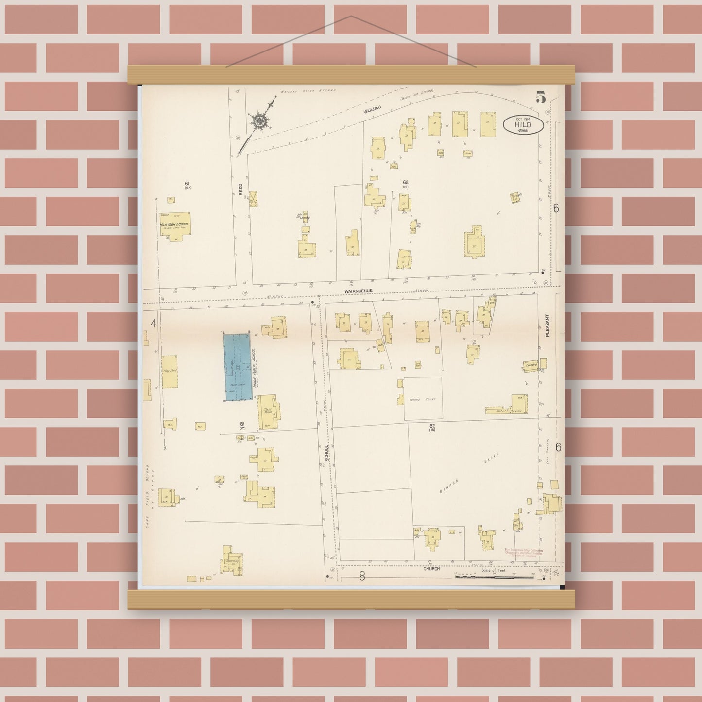 Old map wall art mockup — magnetic wood frame on brick wall — Sanborn Fire Insurance Map from Hilo, Hawaii County, Hawaii (1914), Sheet #0005