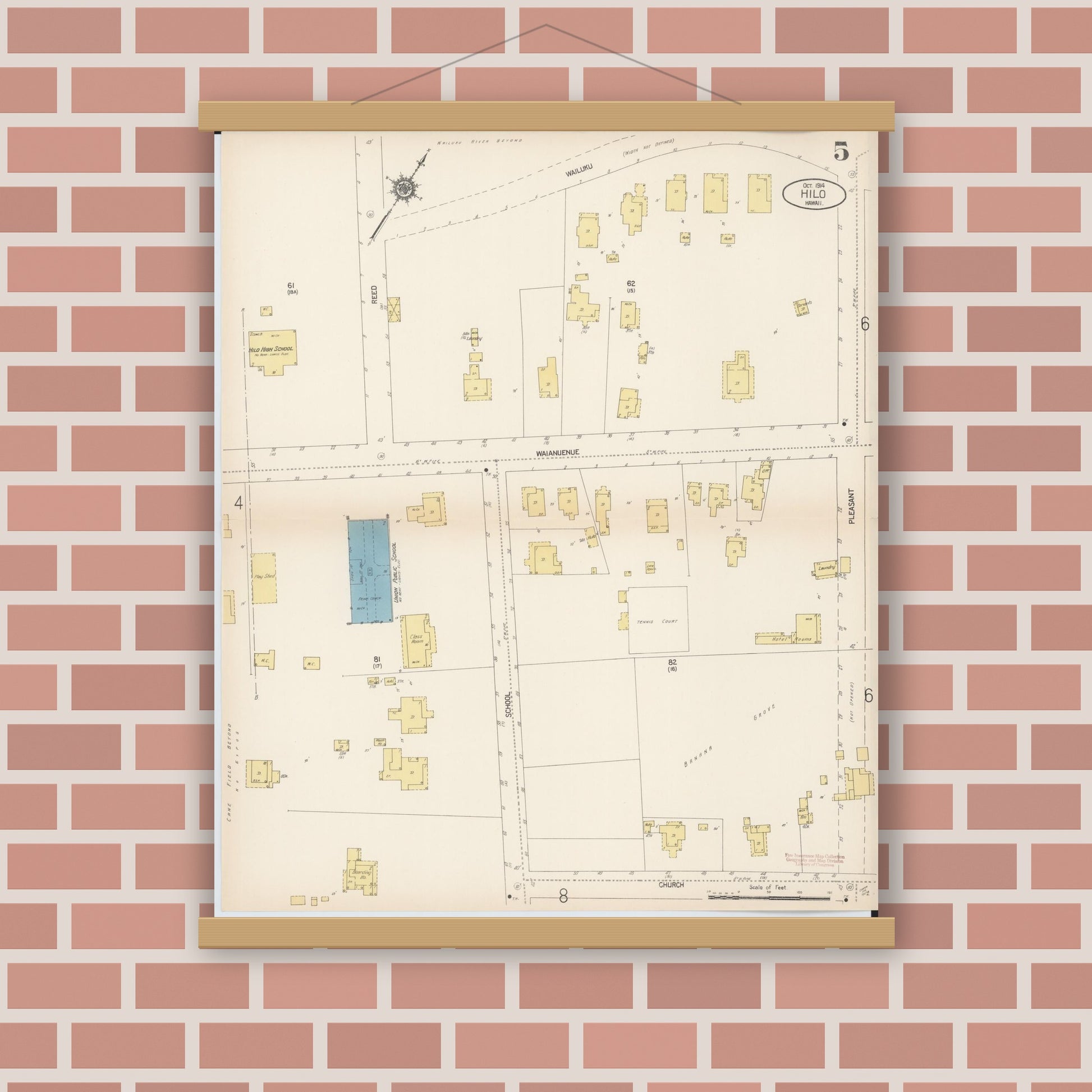Old map wall art mockup — magnetic wood frame on brick wall — Sanborn Fire Insurance Map from Hilo, Hawaii County, Hawaii (1914), Sheet #0005