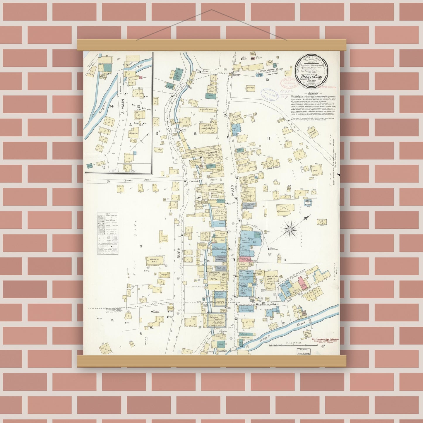 Old map wall art mockup — magnetic wood frame on brick wall — Sanborn Fire Insurance Map from Angels Camp, Calaveras County, California (1898), Sheet #0001