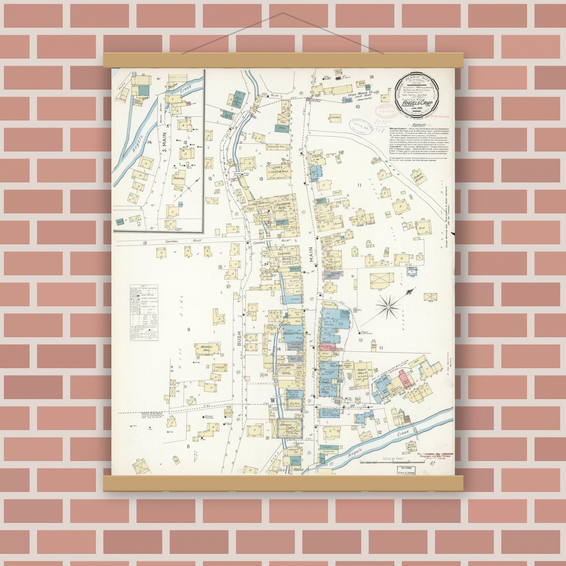 Old map wall art mockup — magnetic wood frame on brick wall — Sanborn Fire Insurance Map from Angels Camp, Calaveras County, California (1898), Sheet #0001