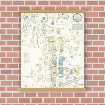 Old map wall art mockup — magnetic wood frame on brick wall — Sanborn Fire Insurance Map from Angels Camp, Calaveras County, California (1898), Sheet #0001