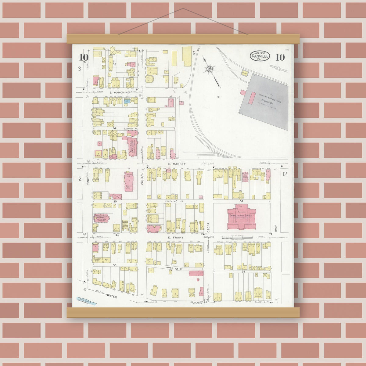 Old map wall art mockup — magnetic wood frame on brick wall — Sanborn Fire Insurance Map from Danville, Montour County, Pennsylvania (1930), Sheet #0010