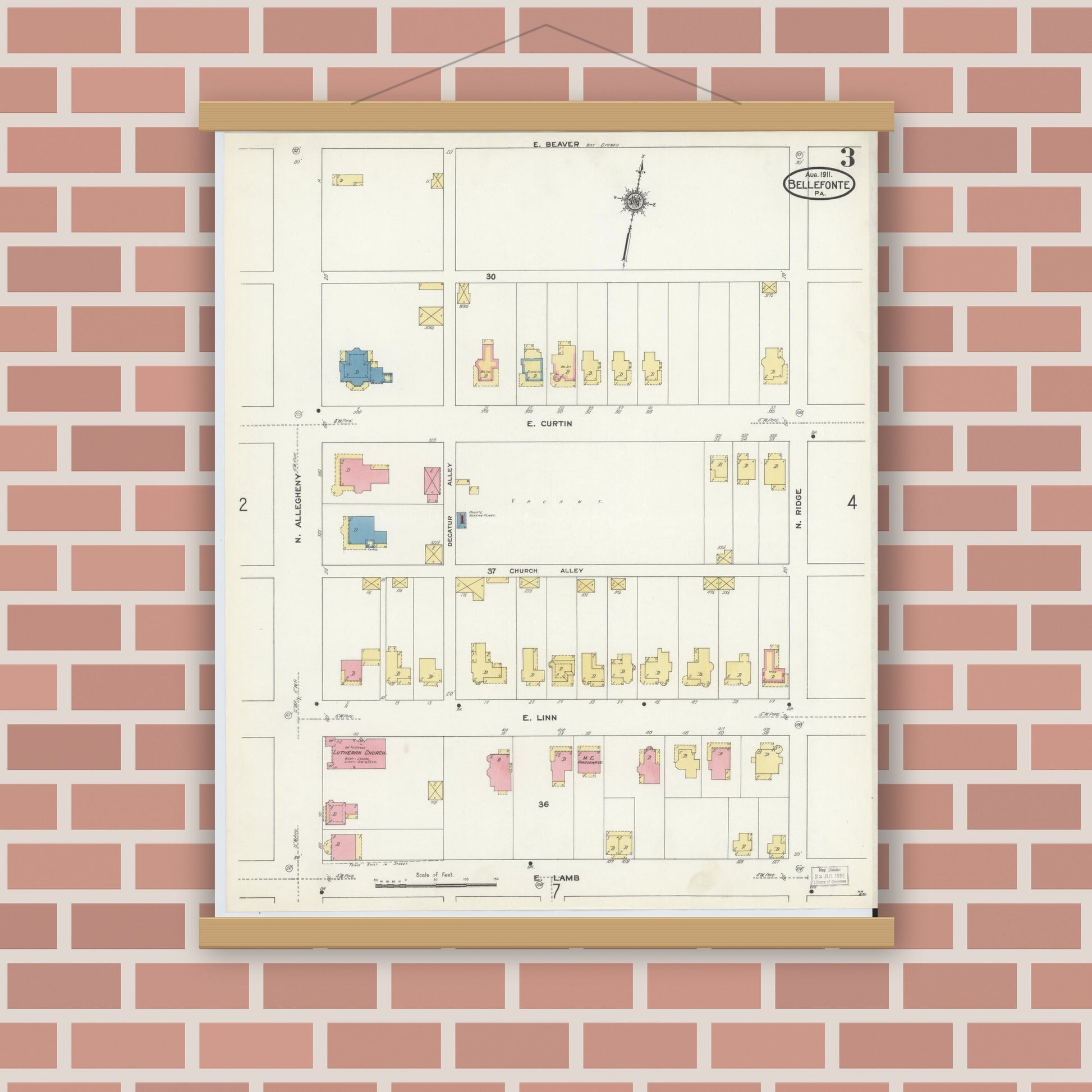 Old map wall art mockup — magnetic wood frame on brick wall — Sanborn Fire Insurance Map from Bellefonte, Centre County, Pennsylvania (1911), Sheet #0003