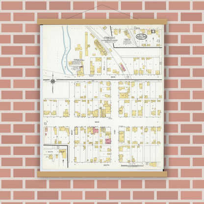 Old map wall art mockup — magnetic wood frame on brick wall — Sanborn Fire Insurance Map from Ashland, Ashland County, Ohio (1919), Sheet #0013