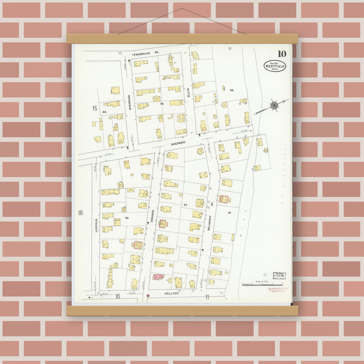 Old map wall art mockup — magnetic wood frame on brick wall — Sanborn Fire Insurance Map from Westfield, Hampden County, Massachusetts (1910), Sheet #0010