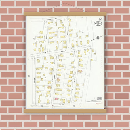 Old map wall art mockup — magnetic wood frame on brick wall — Sanborn Fire Insurance Map from Westfield, Hampden County, Massachusetts (1910), Sheet #0010