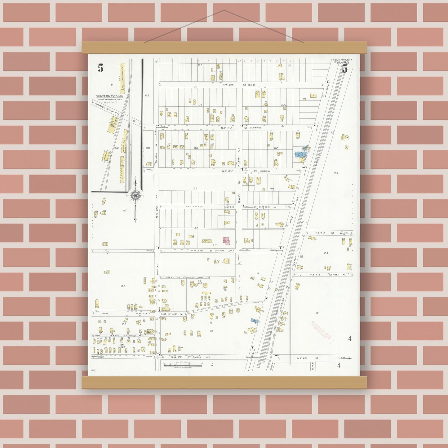 Old map wall art mockup — magnetic wood frame on brick wall — Sanborn Fire Insurance Map from Pompano, Broward County, Florida (1939), Sheet #0005