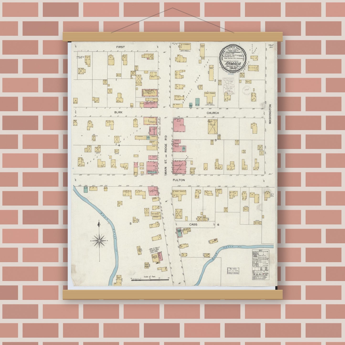 Old map wall art mockup — magnetic wood frame on brick wall — Sanborn Fire Insurance Map from Armada, Macomb County, Michigan (1900), Sheet #0001