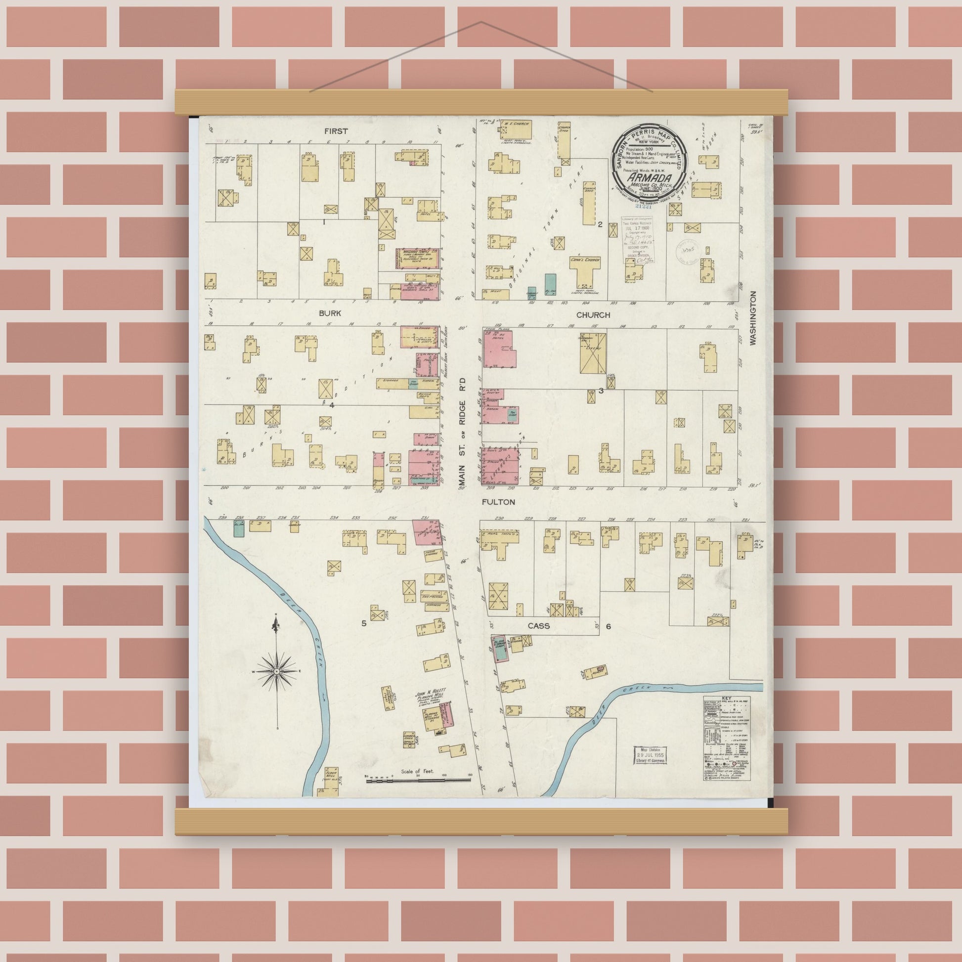 Old map wall art mockup — magnetic wood frame on brick wall — Sanborn Fire Insurance Map from Armada, Macomb County, Michigan (1900), Sheet #0001